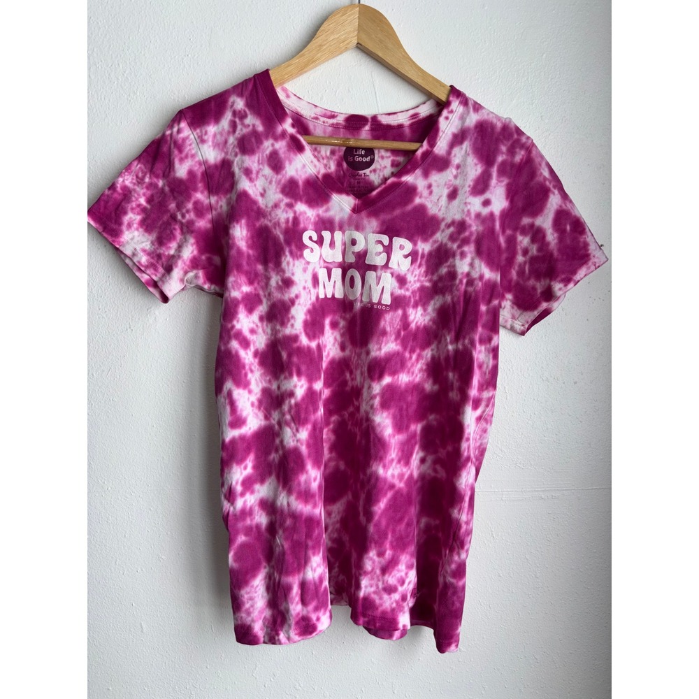 Life is Good Super Mom Pink Tie Dye Crusher Tee V-Neck Cotton Shirt Womens M